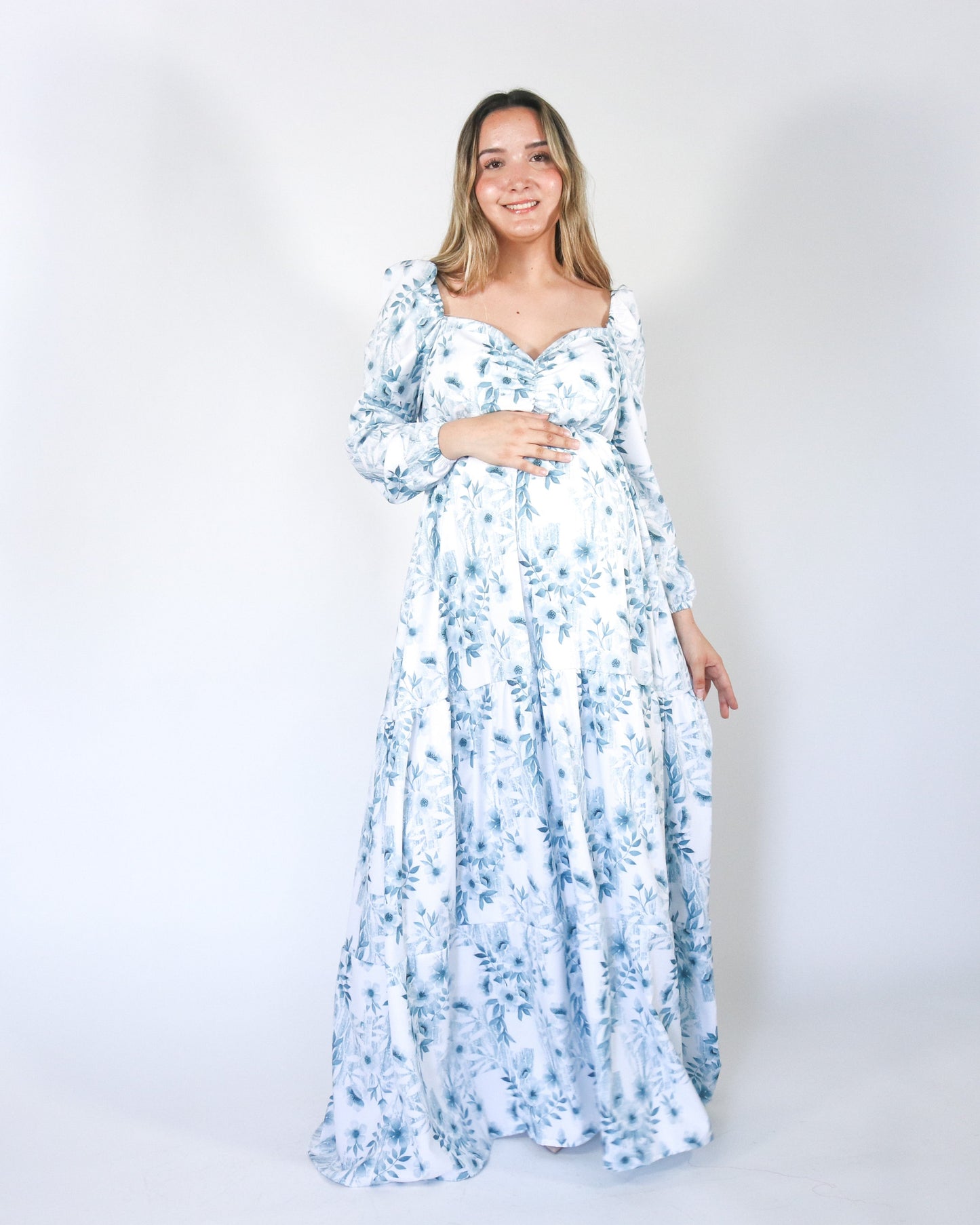 Vestido Maternidad Priscila Largo, Blanco con Azul XG