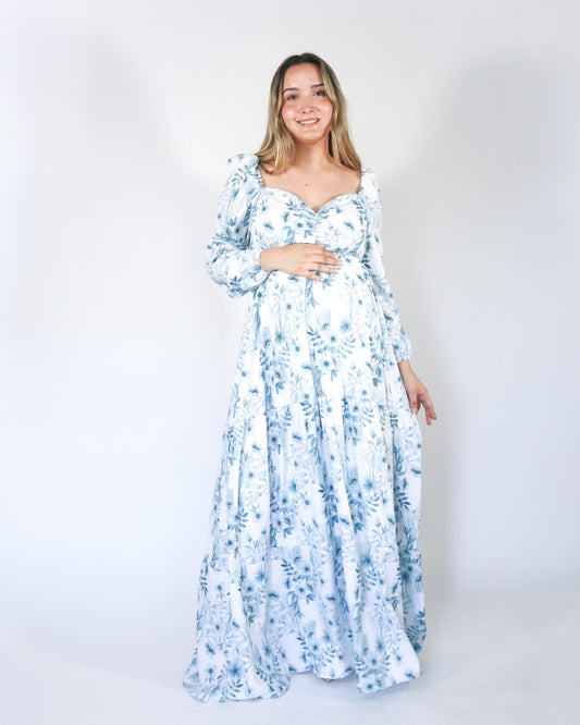 Vestido Maternidad Priscila Largo, Blanco con Azul XG