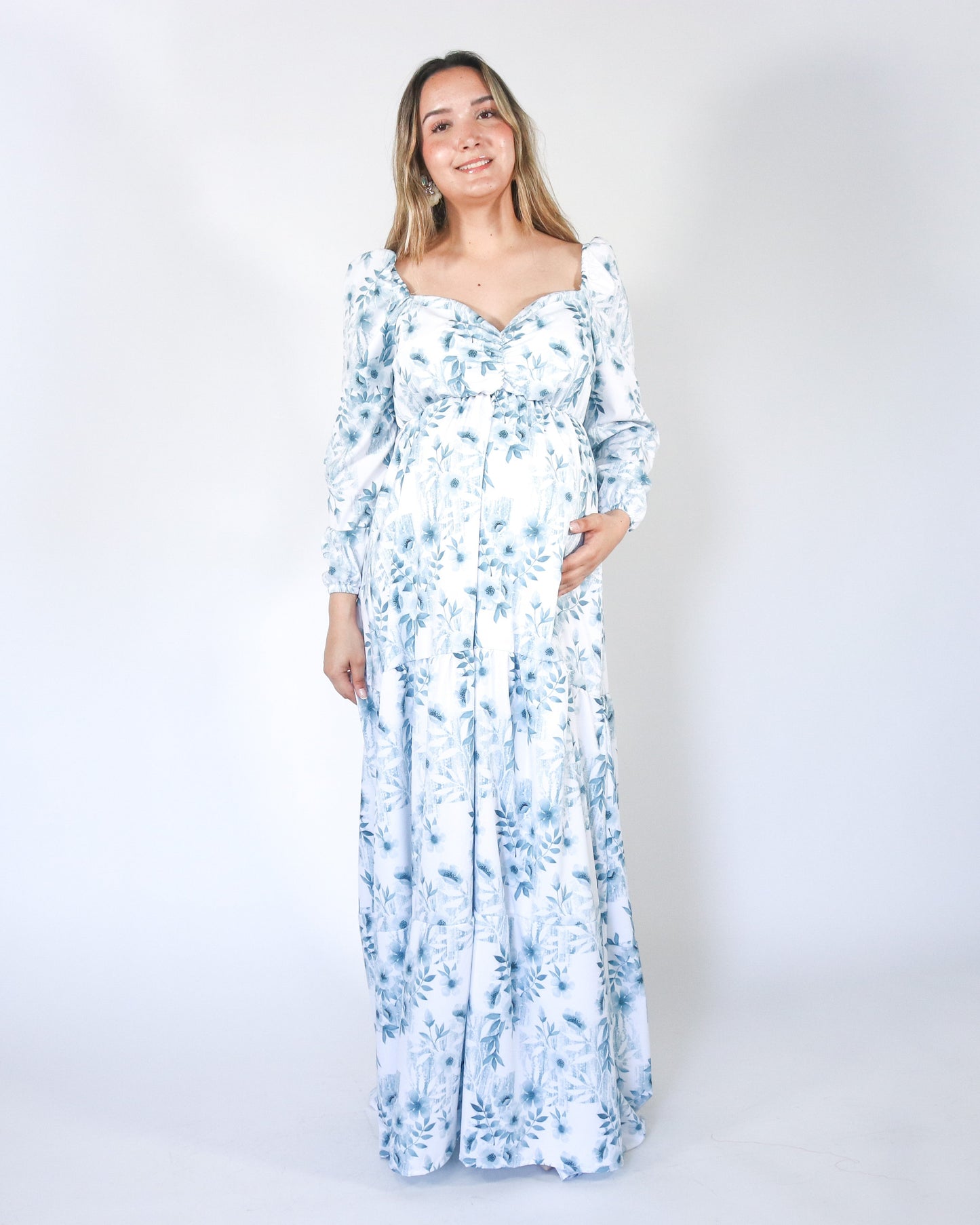 Vestido Maternidad Priscila Largo, Blanco con Azul XG