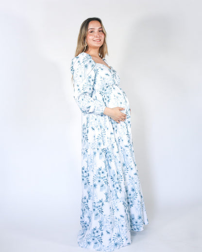 Vestido Maternidad Priscila Largo, Blanco con Azul XG