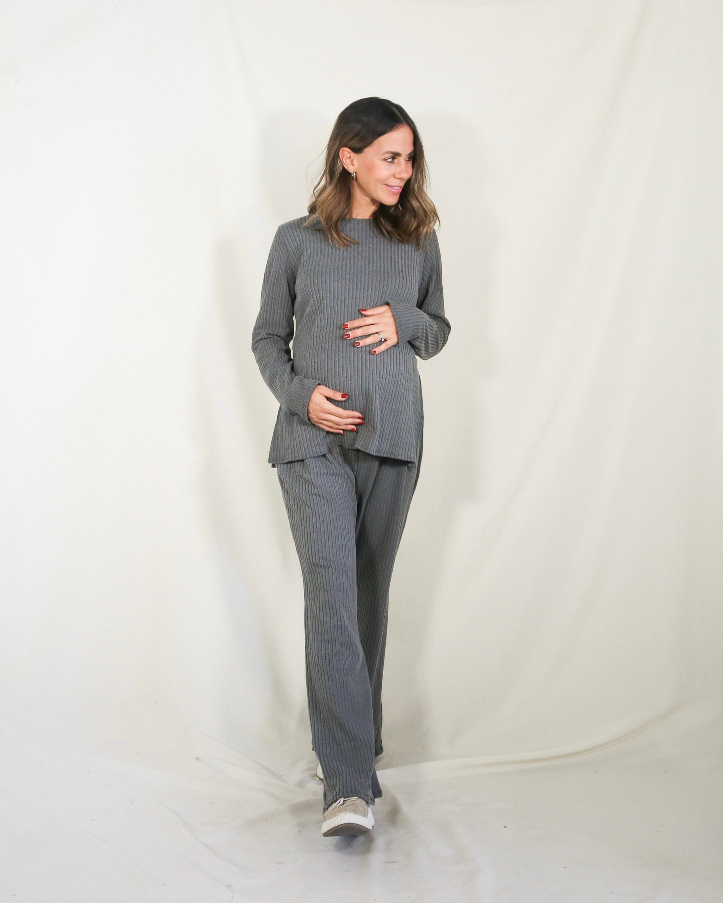 Conjunto de maternidad Cinthya, gris rayitas CH y XG