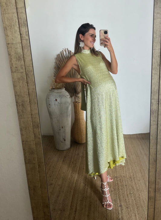 Vestido de Maternidad Sonia, Verde Claro Brilloso Corrugado M,G