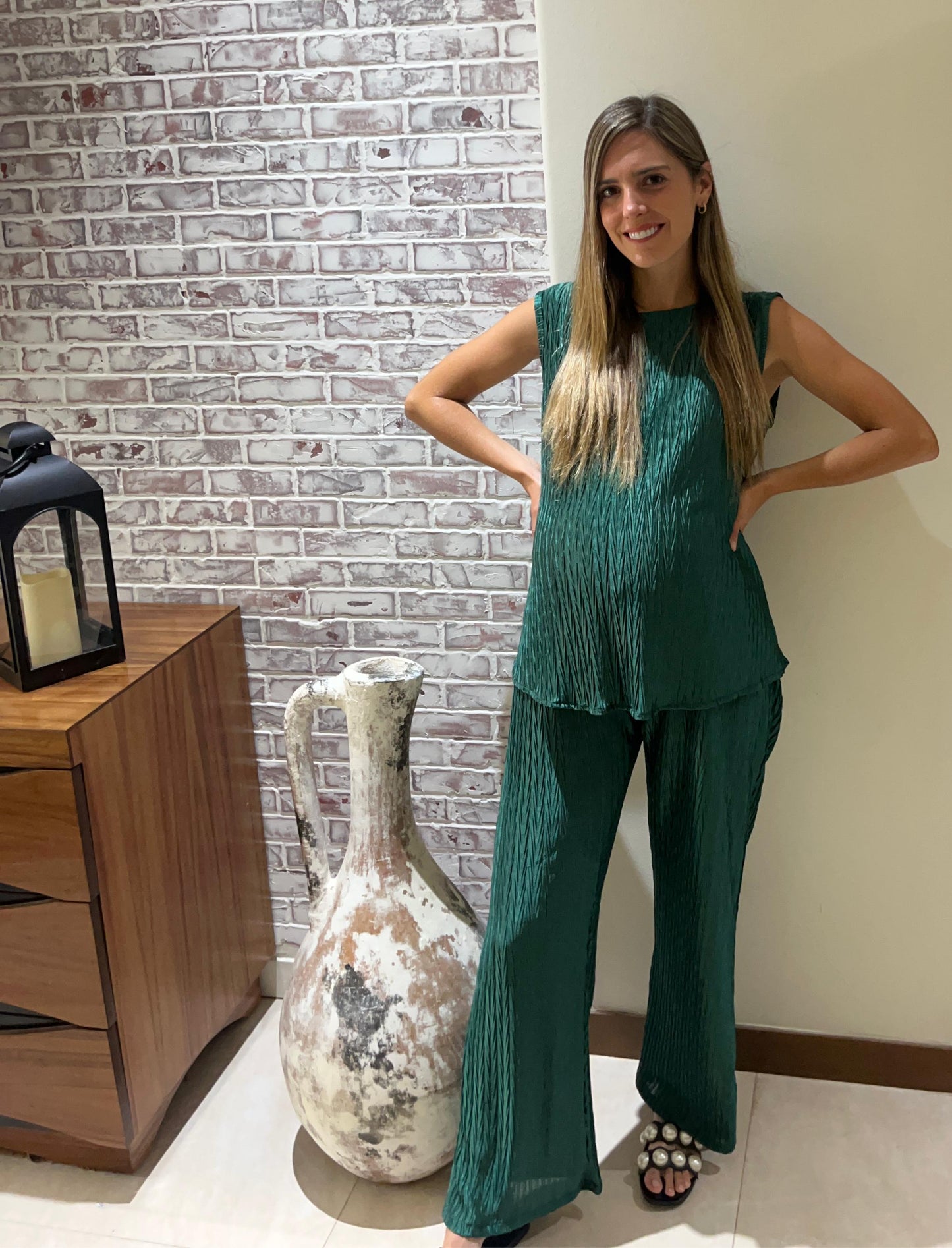 Conjunto de maternidad Mayte, verde medellin corrugado CH,M,G