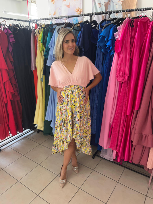 Vestido Love Carlota rosa florecitas amarillas XG