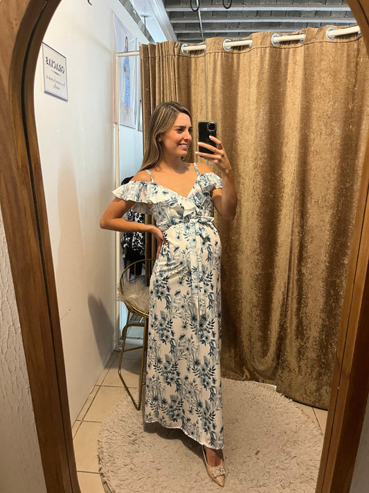 Vestido de maternidad Dayana blanco flores azules XCH