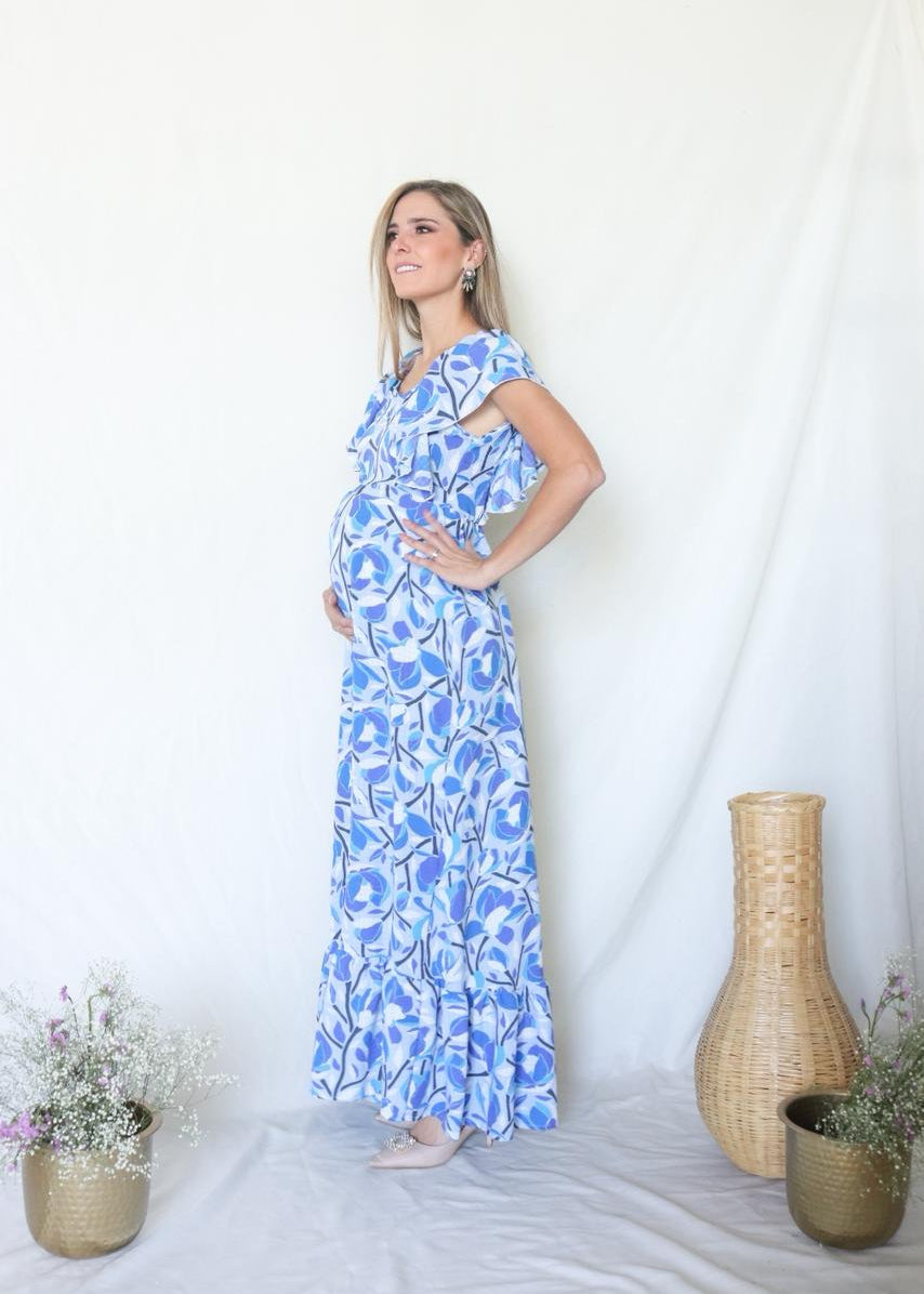 Vestido de Maternidad, Cristina Azul Flores Tallos CH