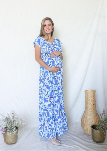 Vestido de Maternidad, Cristina Azul Flores Tallos CH