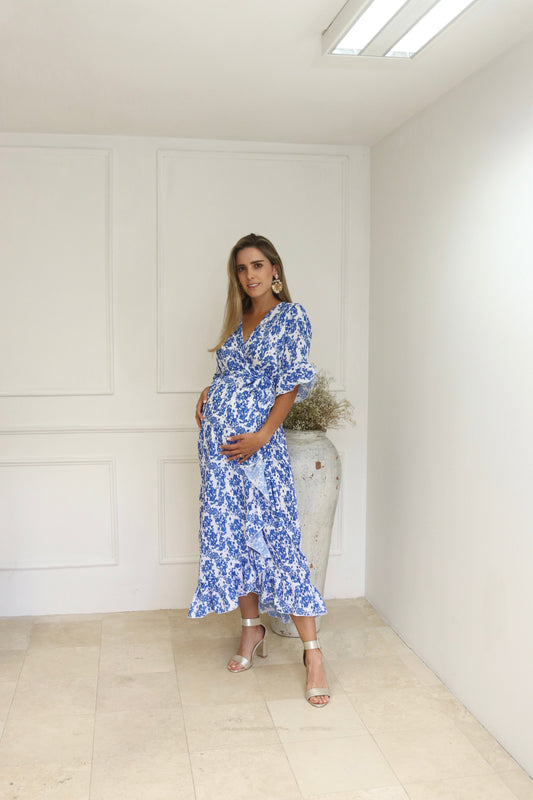 Vestido de Maternidad, Ursula Blanco Flores Azules M,G,XG