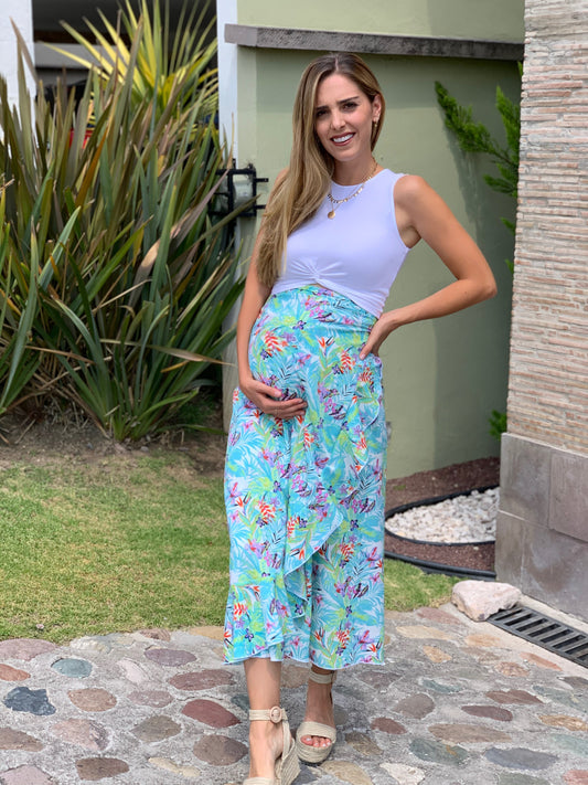 Falda de maternidad, azul flores aqua CH y G